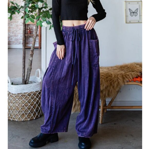 OHPUR MINERAL WASHED DRAWSTRING WAIST WIDE LEG PANTS - Picture 1 of 2